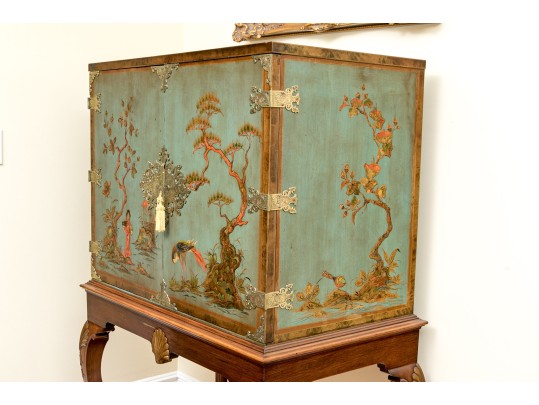 Kensington Furniture Chinoiserie Painted And Hand Carved Walnut American Cabinet On Stand, Ca. 1920