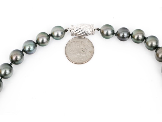 Beautiful Graduated Black Tahitian Pearl Necklace, 8.75mm To 12.25mm, 14k Diamond Set Clasp