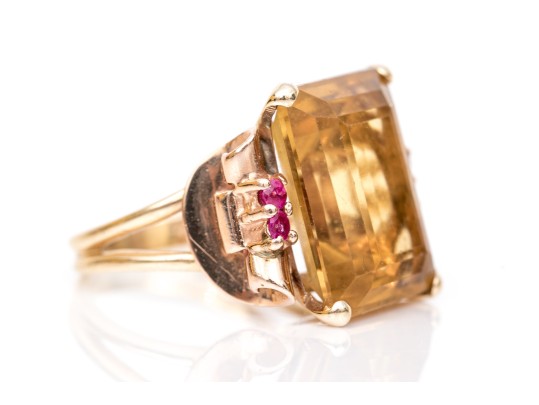 14k Yellow And Rose Gold Handsome Vintage Citrine And Ruby Ring, App. 9.44 CTS, Size 5.5