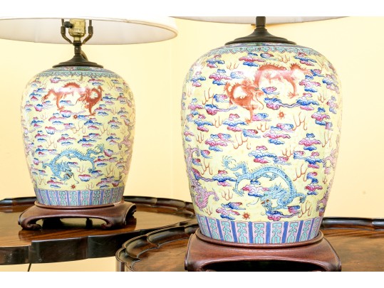 Pair Of Chinese Famille Rose On Yellow Ground Porcelain Vases, Mounted As Table Lamps