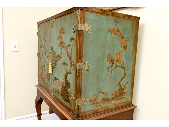 Kensington Furniture Chinoiserie Painted And Hand Carved Walnut American Cabinet On Stand, Ca. 1920