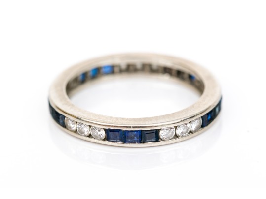 14k Alternating Round Diamond And Square Cut Sapphire Eternity Ring, Size 5.25, See Sizing Note