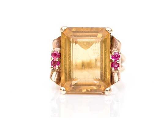14k Yellow And Rose Gold Handsome Vintage Citrine And Ruby Ring, App. 9.44 CTS, Size 5.5