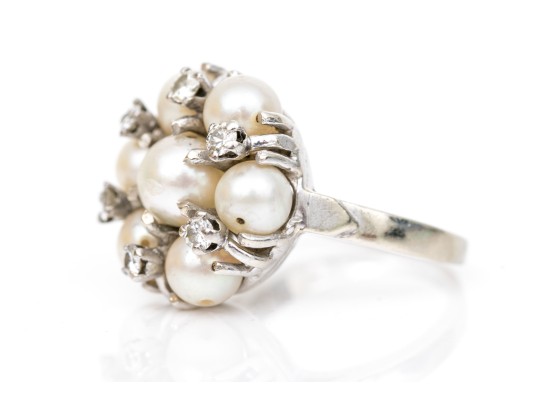 14k White Gold Vintage Pretty Cultured Pearl And Diamond Cluster Ring, Size 3