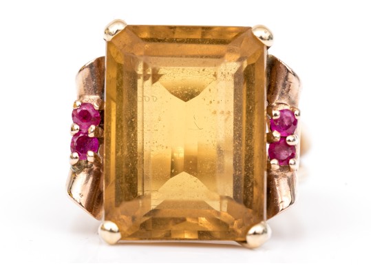 14k Yellow And Rose Gold Handsome Vintage Citrine And Ruby Ring, App. 9.44 CTS, Size 5.5