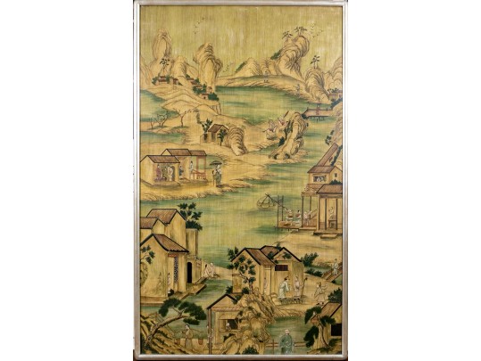 Chinese Lacquer Painting On Board, Canton Landscape