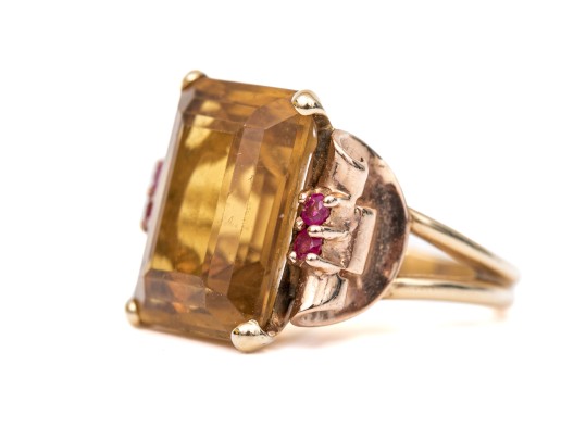 14k Yellow And Rose Gold Handsome Vintage Citrine And Ruby Ring, App. 9.44 CTS, Size 5.5
