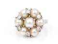 14k White Gold Vintage Pretty Cultured Pearl And Diamond Cluster Ring, Size 3