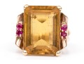 14k Yellow And Rose Gold Handsome Vintage Citrine And Ruby Ring, App. 9.44 CTS, Size 5.5