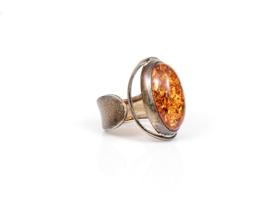 Assorted Lot Of Sterling Silver Amber Jewelry Pieces, Oval Cabachon Motifs