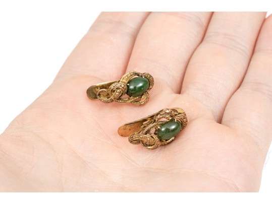 14k Yellow Gold Vintage Oval Nephrite Jade Cabachon Earrings