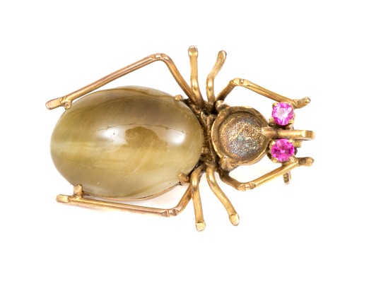 14k Yellow Gold Wonderful Cabachon Cats Eye Set Figural Spider Motif Brooch