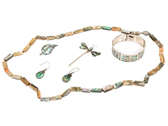 Lot Of Assorted Lot Of Lovely Abalone Jewelry Pieces, Sterling And Silverplate