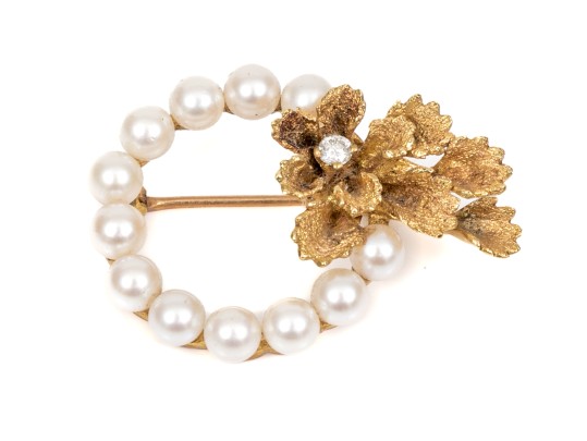 14k Yellow Gold Beautiful 3.75mm Cultured Pearl Circle Pin, Floral And Diamond Set
