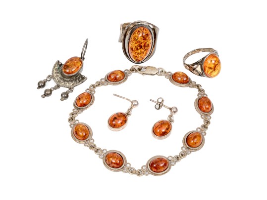 Assorted Lot Of Sterling Silver Amber Jewelry Pieces, Oval Cabachon Motifs
