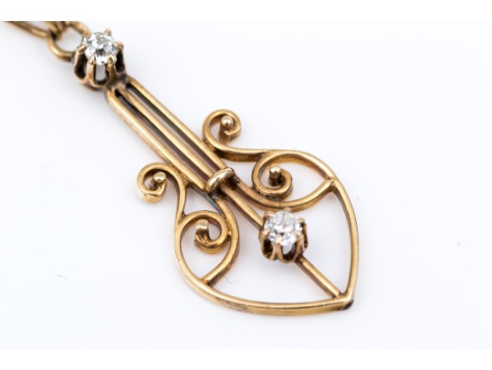 14k Yellow Gold Pretty Vintage Lavaliere Pendant, Diamond Set, App. 0.04 TCW