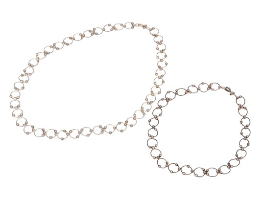 Sterling Silver Set Of Matching Wire And Ball Motif Choker And Anklet Set