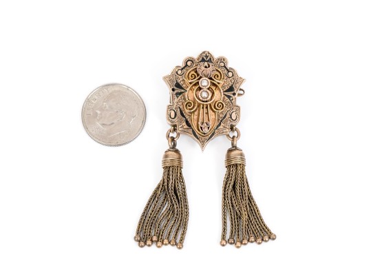 Gold Filled Antique Fringed Mourners Brooch With Black Enamel And Seed Pearls