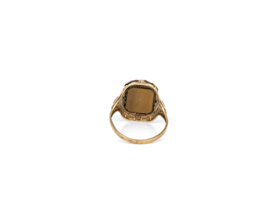 10k Yellow Gold Ornate Vintage Silhouette Tigers Eye Cameo Ring, Size 5
