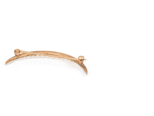 14k Yellow Gold Antique Half Moon Shape Seed Pearl Set Pin