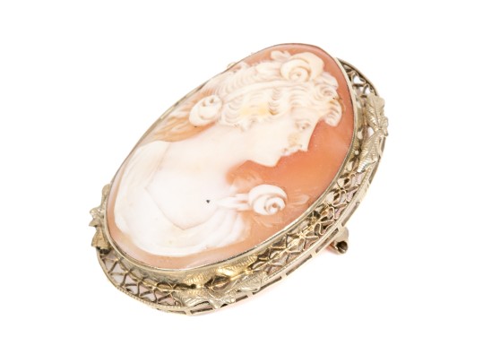 14k White Gold Lovely Filigree Framed Cameo Brooch/pendant
