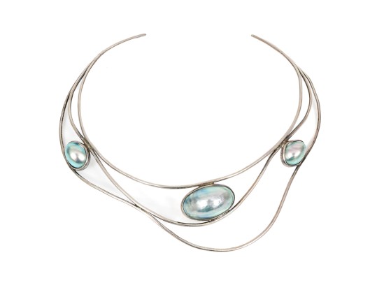 Sterling Silver Wide Fabulous Wide Cultured Grey Mabe Pearl Wire Choker 