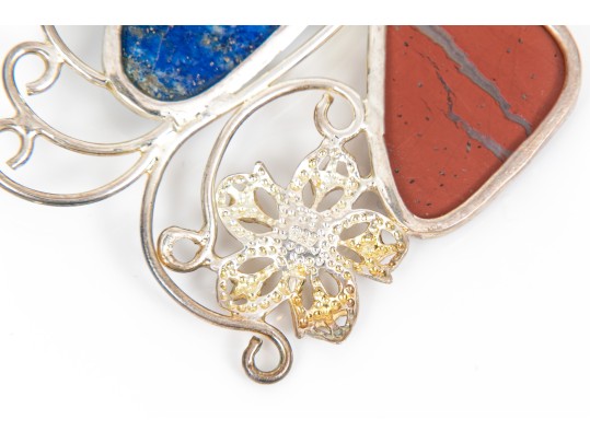 Sterling Silver Chunky Curb Chain With An Impactul Lapis And Jasper Pendant