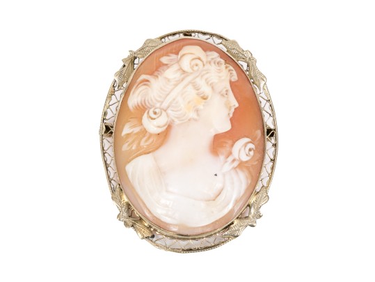 14k White Gold Lovely Filigree Framed Cameo Brooch/pendant