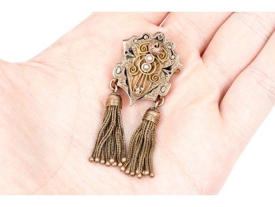 Gold Filled Antique Fringed Mourners Brooch With Black Enamel And Seed Pearls
