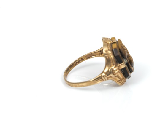 10k Yellow Gold Ornate Vintage Silhouette Tigers Eye Cameo Ring, Size 5