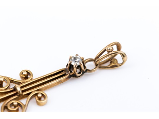 14k Yellow Gold Pretty Vintage Lavaliere Pendant, Diamond Set, App. 0.04 TCW