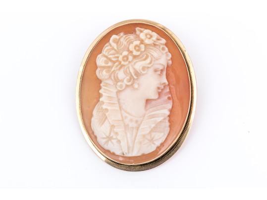 14k Yellow Gold Pretty Ornate Cameo Brooch/pendant, Simply Framed