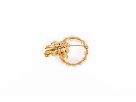 14k Yellow Gold Beautiful 3.75mm Cultured Pearl Circle Pin, Floral And Diamond Set