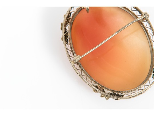 14k White Gold Lovely Filigree Framed Cameo Brooch/pendant