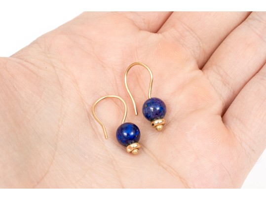 14k Yellow Gold Pair Of Sodalite Drop Earrings And Cameo Stud Earrings