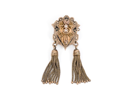 Gold Filled Antique Fringed Mourners Brooch With Black Enamel And Seed Pearls