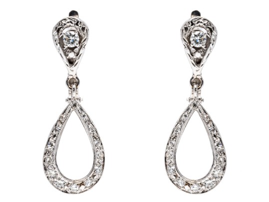 14k White Gold Diamond And CZ Drop Pendant Style Earrings