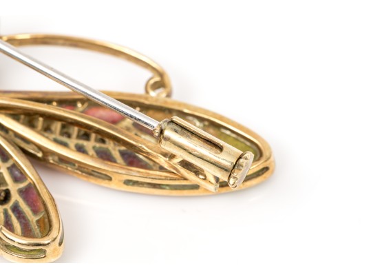 14k Yellow Gold Beautiful Plique A Jour Dragonfly Brooch, With Diamonds, Citrines And Sapphire