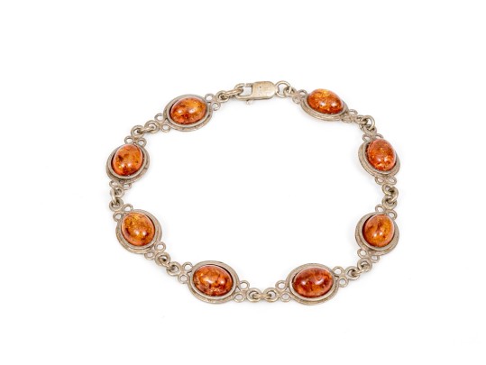 Assorted Lot Of Sterling Silver Amber Jewelry Pieces, Oval Cabachon Motifs