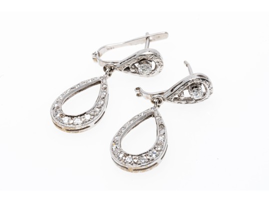14k White Gold Diamond And CZ Drop Pendant Style Earrings