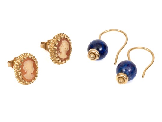 14k Yellow Gold Pair Of Sodalite Drop Earrings And Cameo Stud Earrings