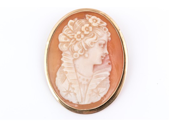 14k Yellow Gold Pretty Ornate Cameo Brooch/pendant, Simply Framed