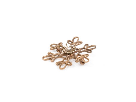 14k Yellow Gold Striking Open Patterned Snowflake Brooch, Diamond Center