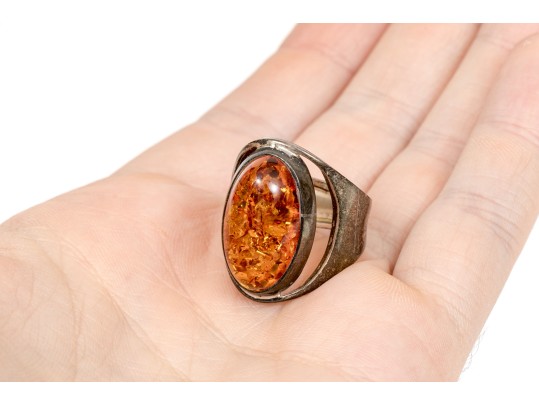 Assorted Lot Of Sterling Silver Amber Jewelry Pieces, Oval Cabachon Motifs