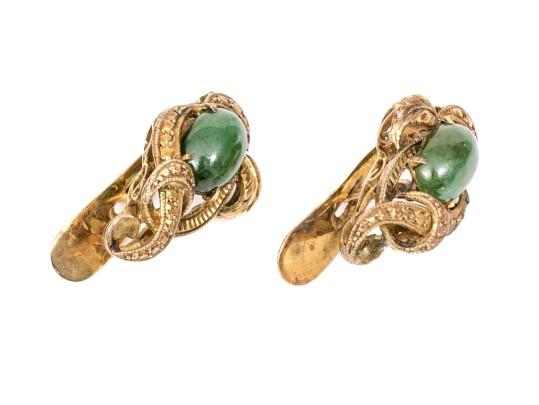 14k Yellow Gold Vintage Oval Nephrite Jade Cabachon Earrings
