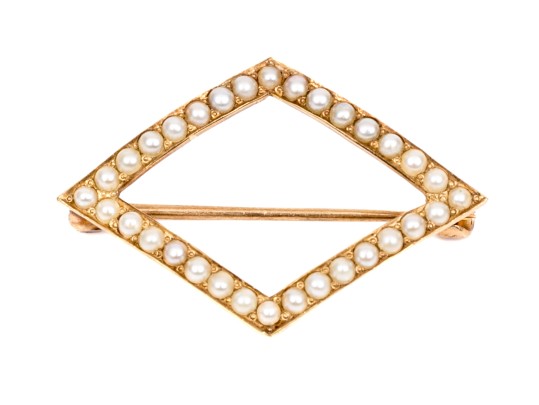 14k Yellow Gold Antique Open Lozenge Shape Seed Pearl Set Pin