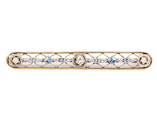 14k Gold Vintage Lovely Blue Sapphire And Diamond Lattice Bar Pin