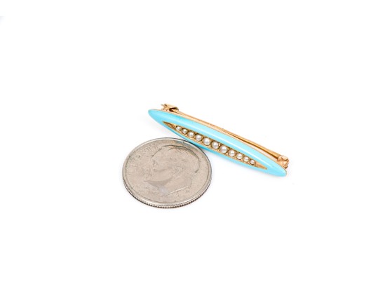 14k Yellow Gold Vintage Elongated Oval Turquoise Toned Enamel And Seed Pearl Scatter Pin