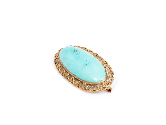 14k Yellow Gold Elongated Oval Cabachon Ornate Bordered Turquoise Brooch