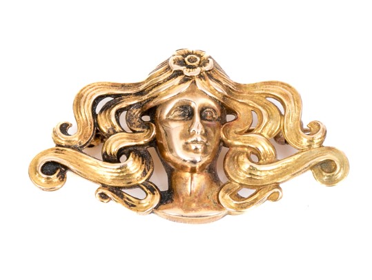 14k Yellow Gold Beautiful Classic Art Nouveau Figural Brooch, With Watch Hook